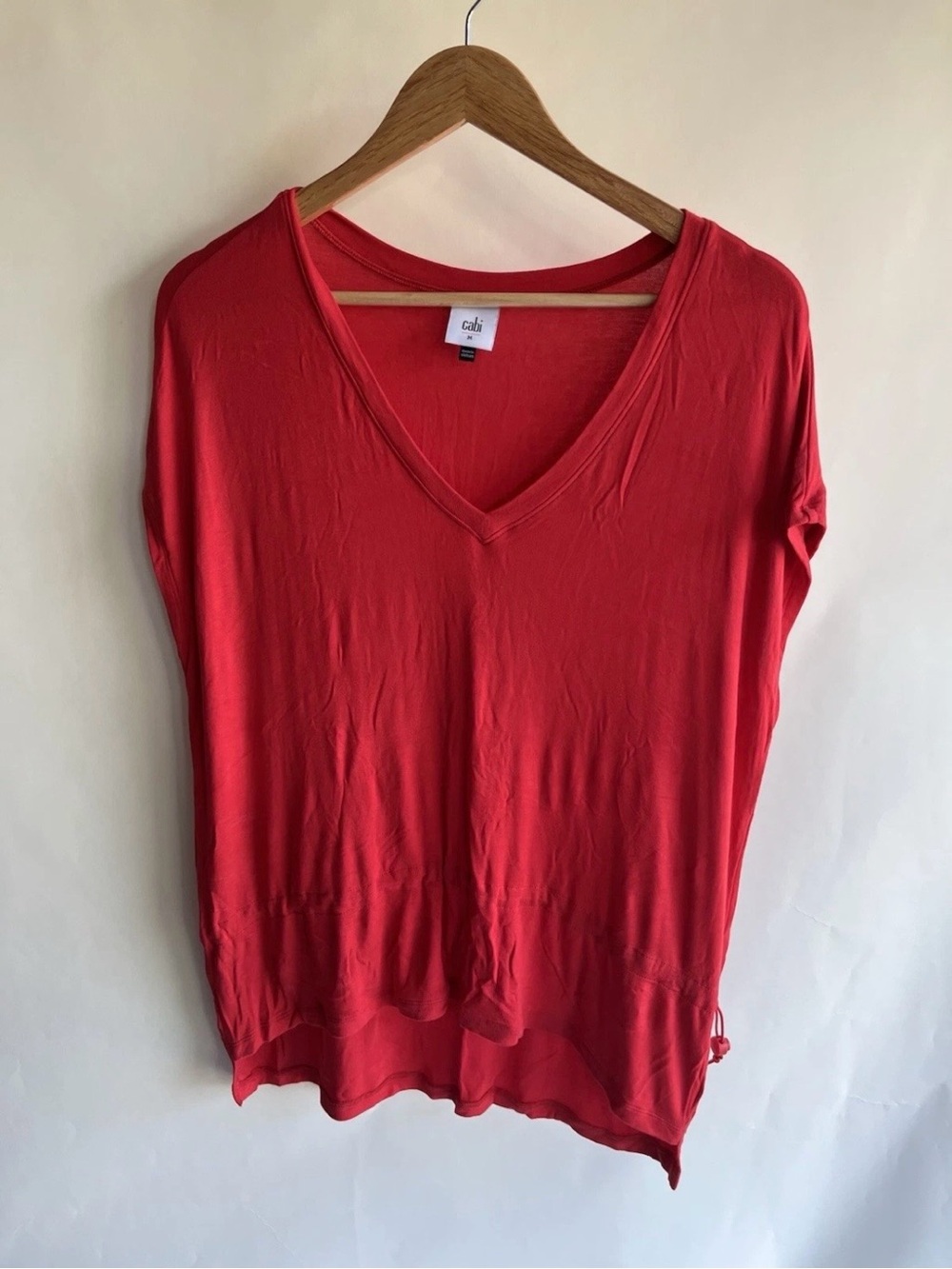 Cabi Tee Tshirt Blouse Red Sz Med Women’s Euc Short Sleeve Drawstring Cinch